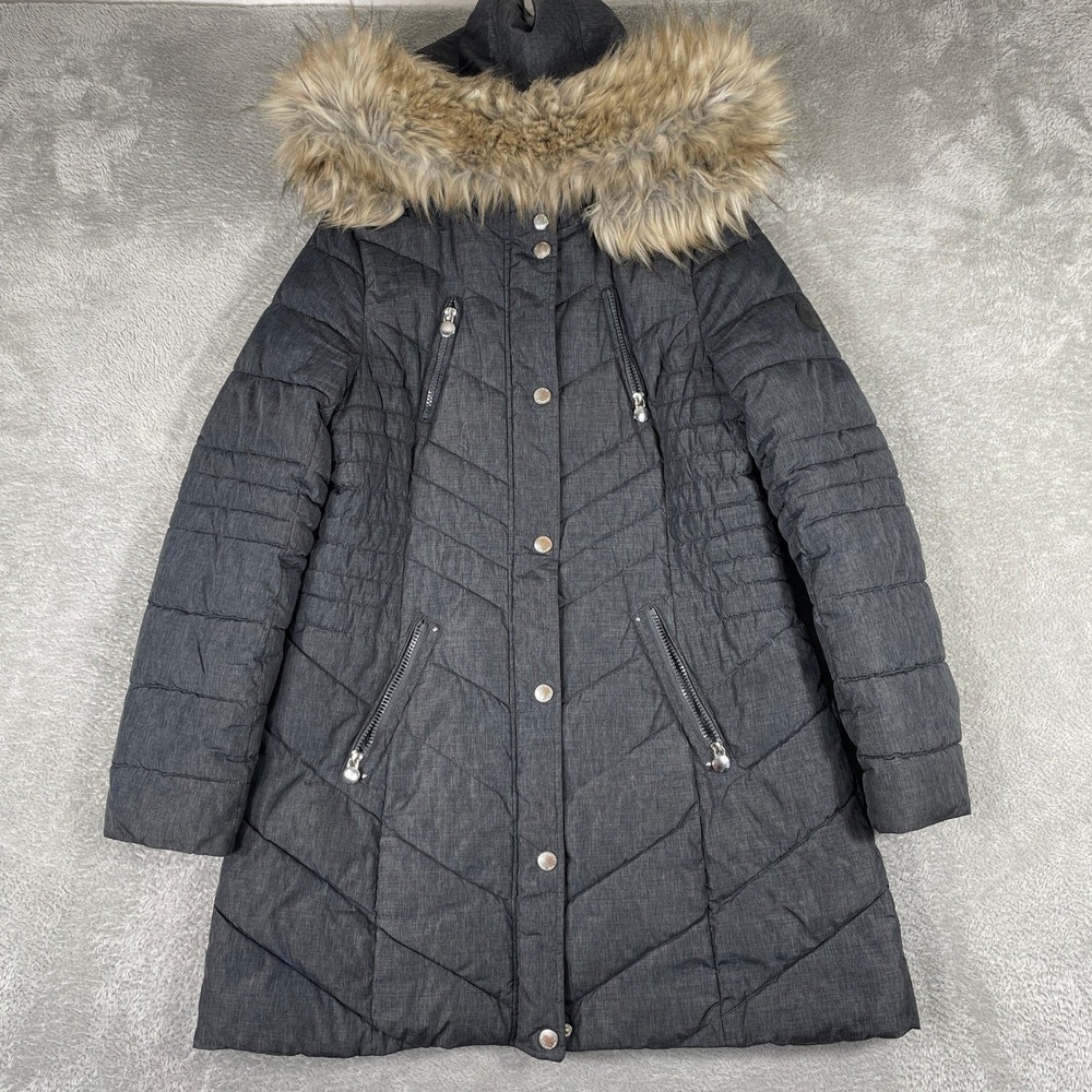 Laundry by Shelli Segal Puffer Jacket Women Medium Gray Faux Fur Hood Quilted